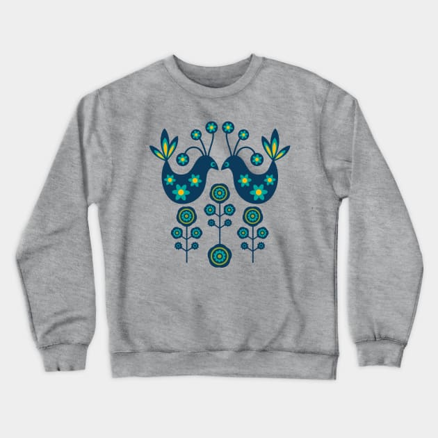 LOVE BIRDS Folk Art Mid-Century Modern Scandi Floral With Birds Flowers Feathers in Dark Blue Turquoise Yellow Green - UnBlink Studio by Jackie Tahara Crewneck Sweatshirt by UnBlink Studio by Jackie Tahara